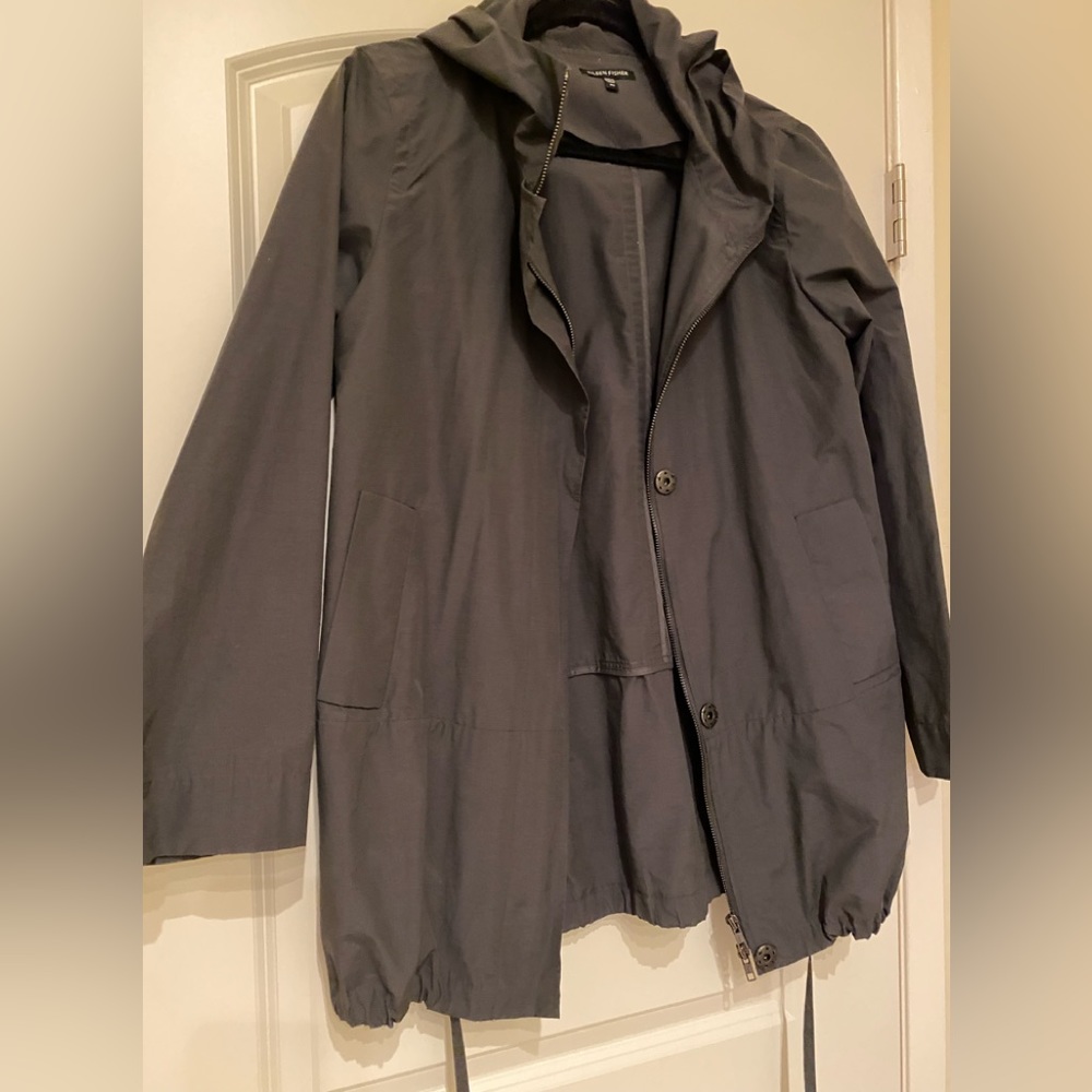 Eileen Fisher dark gray zip utility rain jacket w/ hood - Size Small